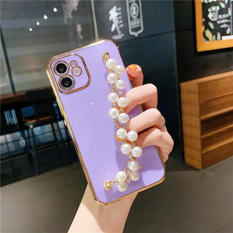 Pastel Pearl Bracelet Phone Case - Luxury Pearl Chain Iphone Case with White Pearl Phone Holder