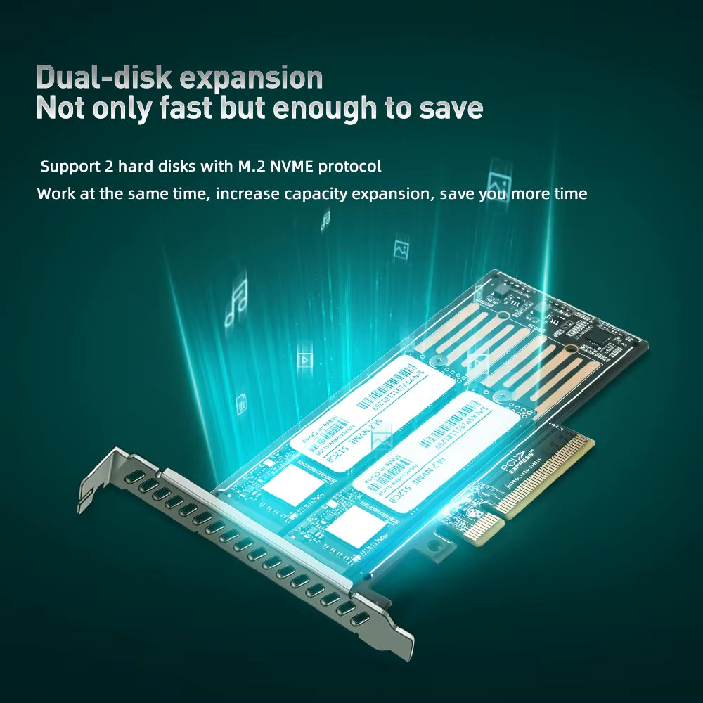 M.2 Nvme&Nvme to PCIE Riser X8/X16 Adapter Card Hard Drive Dual-Disk Interface Gen3 32Gbps Expansion for 2230/2242/2260/2280 SSD