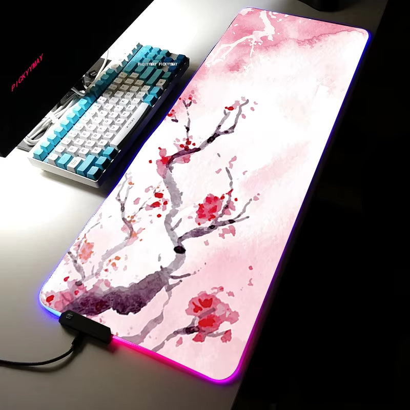 Sakura RGB Mouse Pad Gamer Accessories Large Pink LED Light Mousepads XXL Gaming PC Computer Desk with Backlit Rubber Mouse Mat