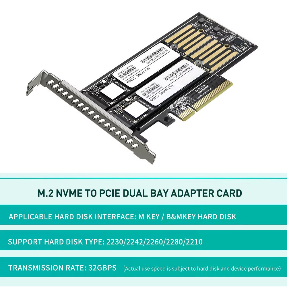M.2 Nvme&Nvme to PCIE Riser X8/X16 Adapter Card Hard Drive Dual-Disk Interface Gen3 32Gbps Expansion for 2230/2242/2260/2280 SSD