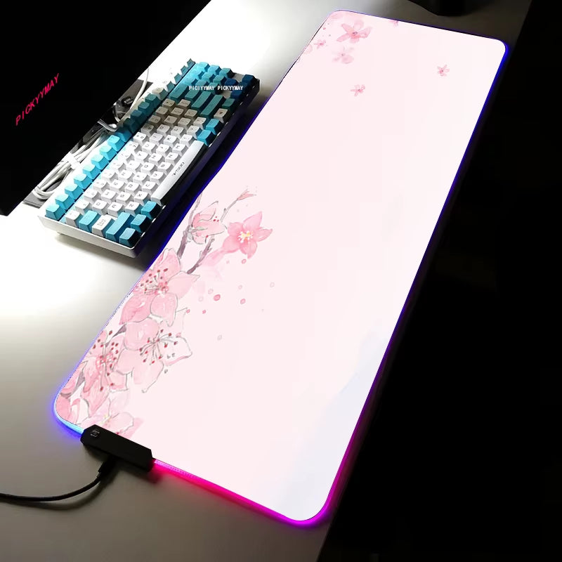 Sakura RGB Mouse Pad Gamer Accessories Large Pink LED Light Mousepads XXL Gaming PC Computer Desk with Backlit Rubber Mouse Mat