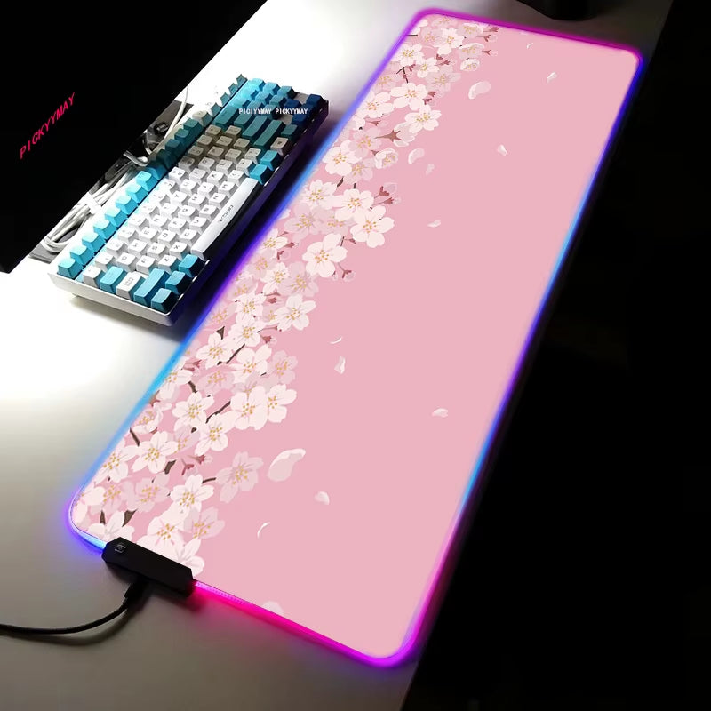 Sakura RGB Mouse Pad Gamer Accessories Large Pink LED Light Mousepads XXL Gaming PC Computer Desk with Backlit Rubber Mouse Mat
